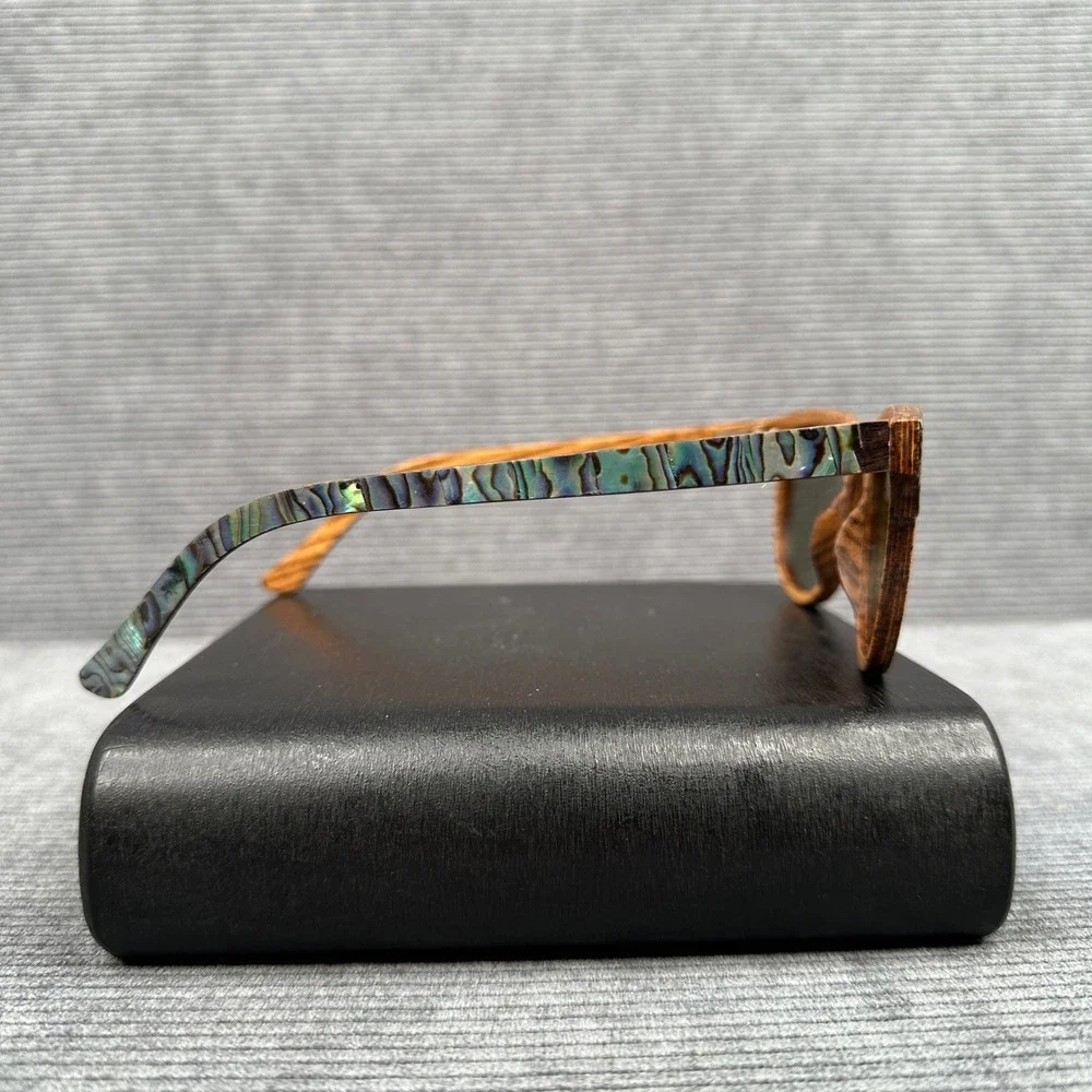 Soul California Wood Abalone Shell Sunglasses Blue Mirrored Lens Boho Wayfarer